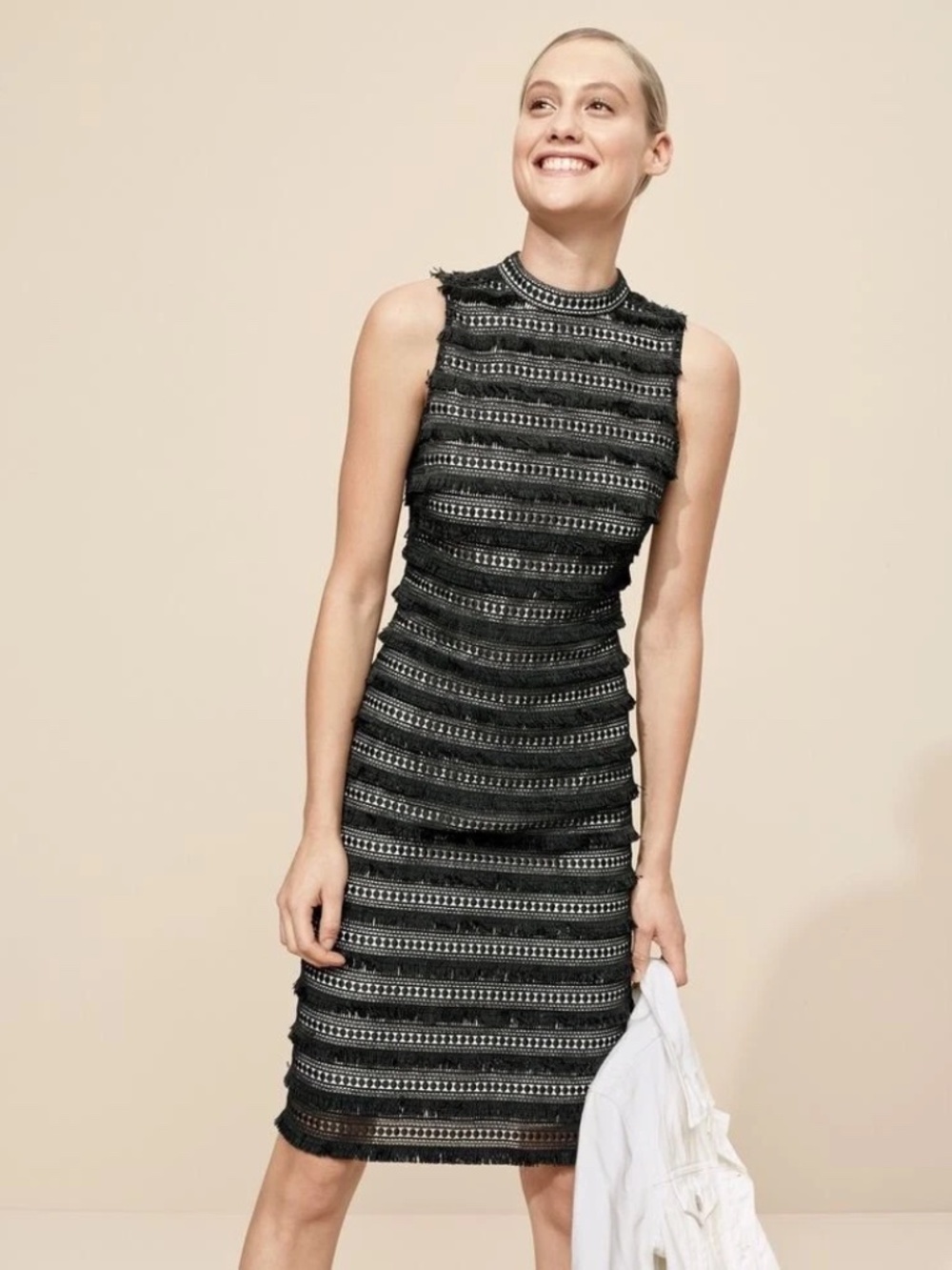 NWOT J. Crew Black Cream Fringe Tassel Tiered Shift Dress Sz 0 Cocktail $198 - Picture 3 of 4